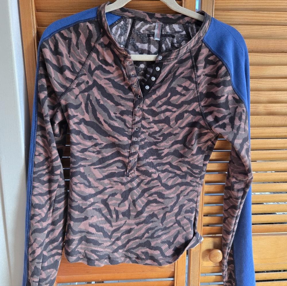Free People Zebra Print Long Sleeve Henley Top